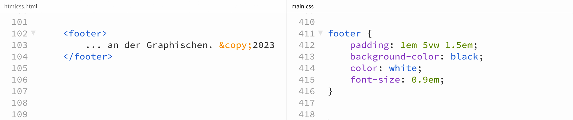 HTML und CSS Code für die Umseztung einer Fußzeile